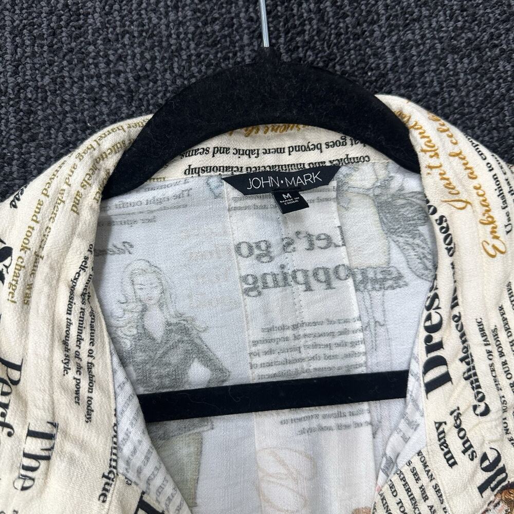 John Mark Button Up Wire Neck Collar Fashion Newsprint Rayon Button 3/4 Sleeve M - Picture 3 of 7